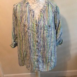 💙💚Coral Bay 1X  Striped Green/Blue Linen Blouse
